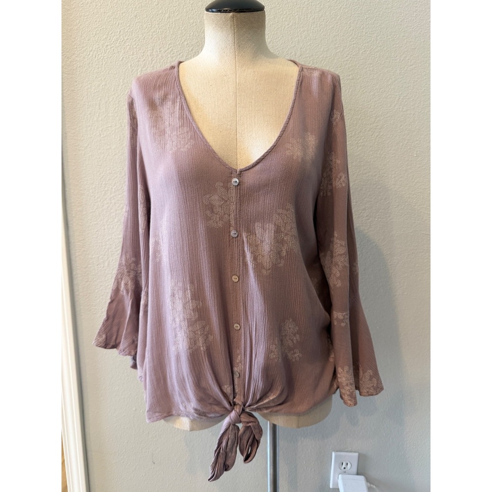 Mossimo Supply Co Womens M Mauve Floral Boho Blouse Bell Sleeve Tie Front